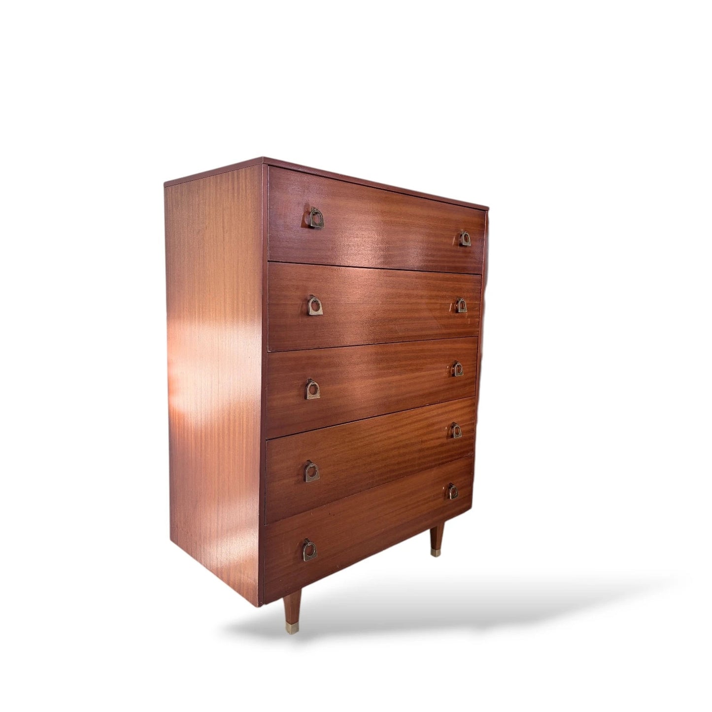 Mid-Century Chest Drawers | Tallboy Dresser with Brass Handles & Teak Veneer
