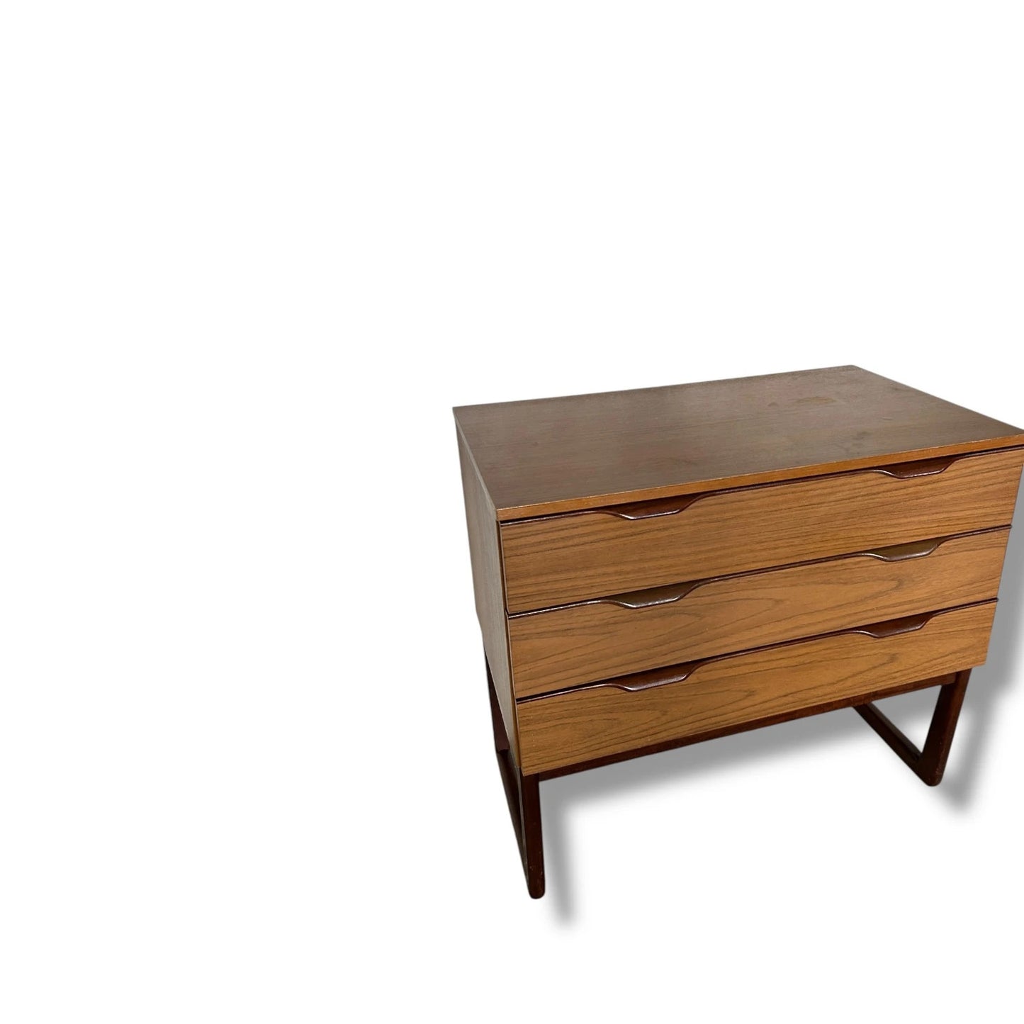 Mid Century Modern Europa Teak Chest of Drawers – 3 Wide Drawers on Sleigh Base