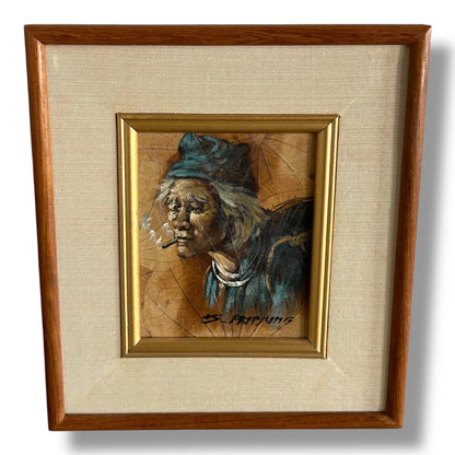 Pair of Vintage Tibetan Leaf Art Paintings – Framed Asian Folk Portraits