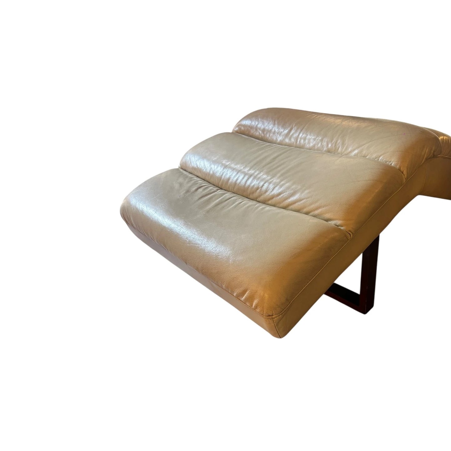Mid Century Beige Leather Chaise Lounge Chair | Vintage Retro Lounge Chair with Wood Legs