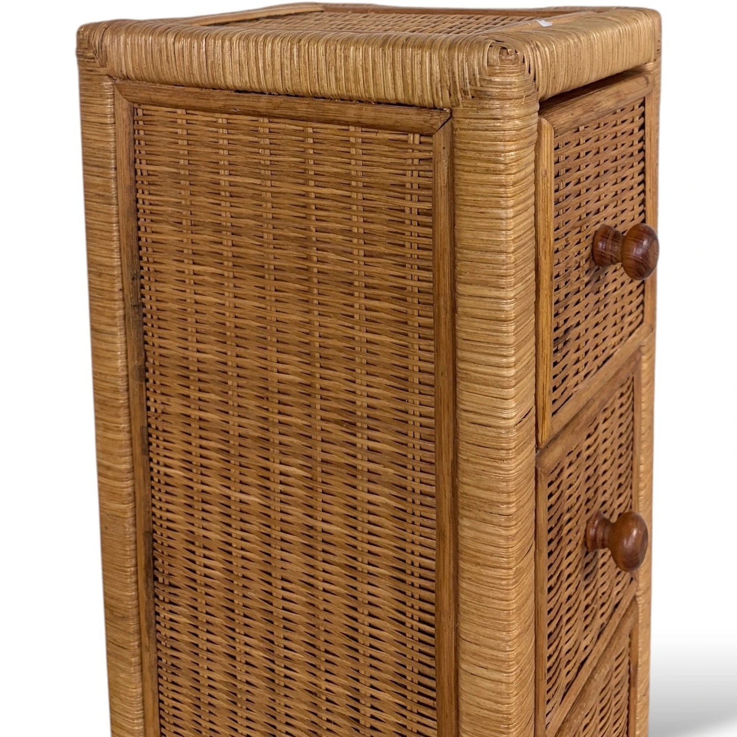 Vintage Wicker Tallboy Drawers – 1970s Natural Rattan Storage Unit Tallboy