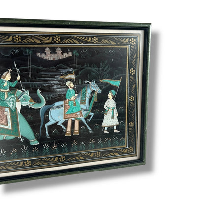 Vintage Indian Silk Painting Royal Procession Rajasthani Handmade Folk Artwork
