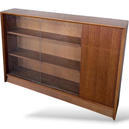 Teak Bookcase With Sliding Glass Doors – Mid Century Adjustable Shelving Cabinet
