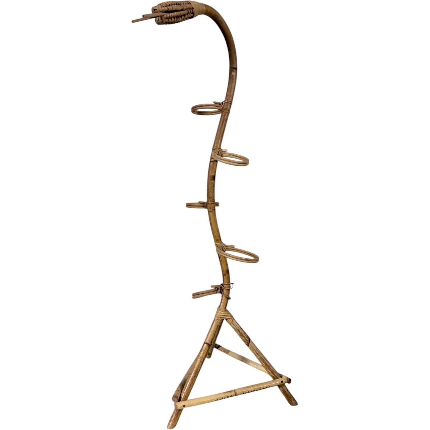 Bamboo Plant Stand – Sculptural Snake Shaped Vintage Rack With Rattan Holder