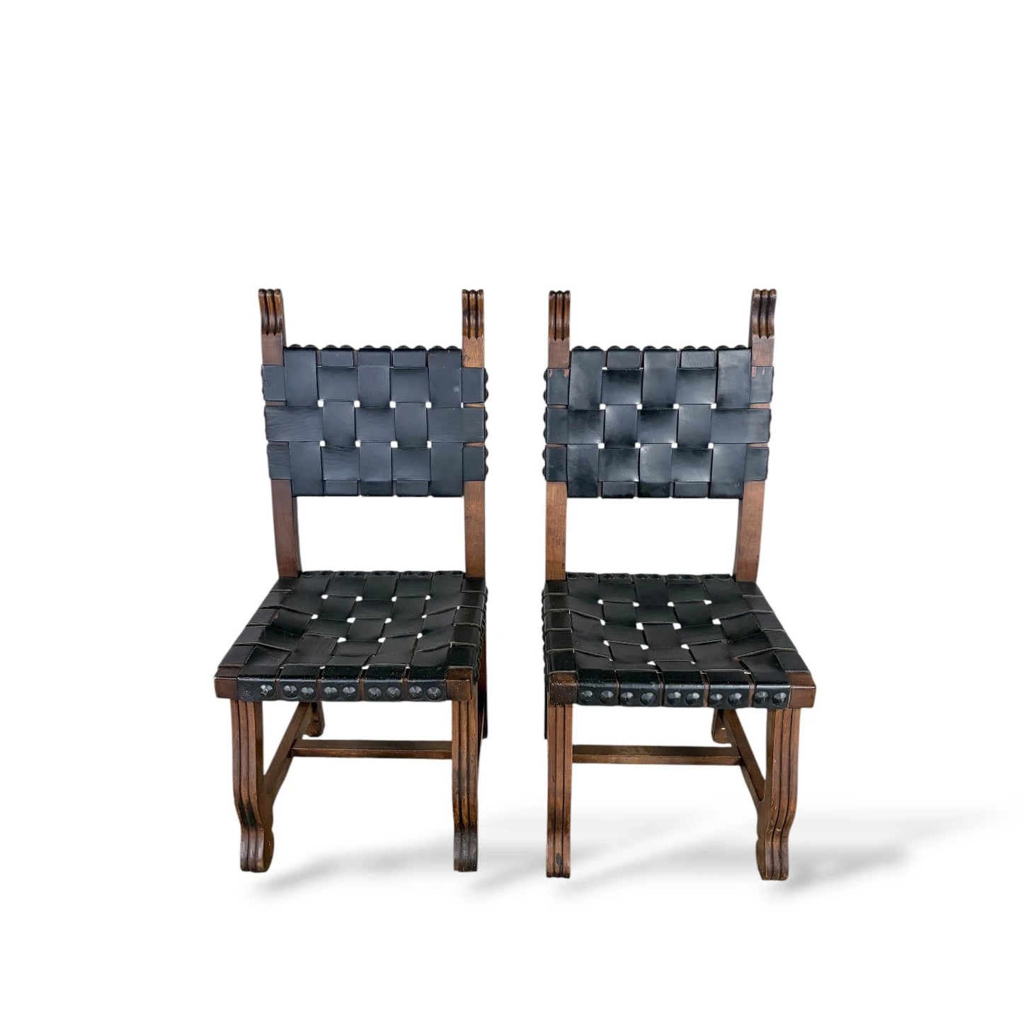 Pair of Vintage Navarro Argudo Spanish Brutalist Chairs – Wood and Woven Leather