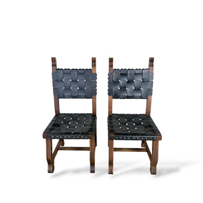 Pair of Vintage Navarro Argudo Spanish Brutalist Chairs – Wood and Woven Leather