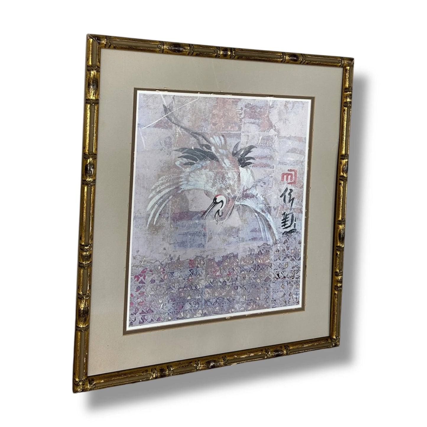 Vintage Bamboo Frame Wall Art – Crane Painting Print