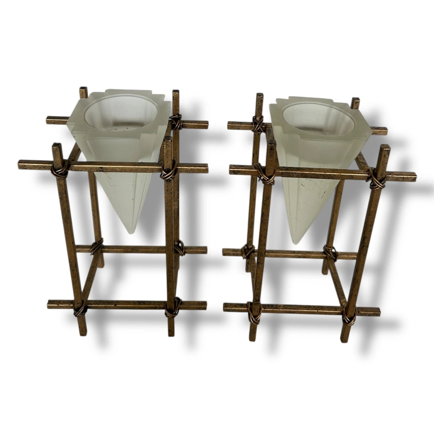 Pair of French Brass & Frosted Glass Candle Holders – Mid Century Modern Geometric Votive Stands