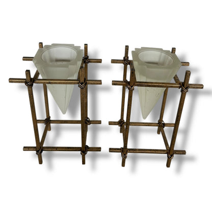 Pair of French Brass & Frosted Glass Candle Holders – Mid Century Modern Geometric Votive Stands