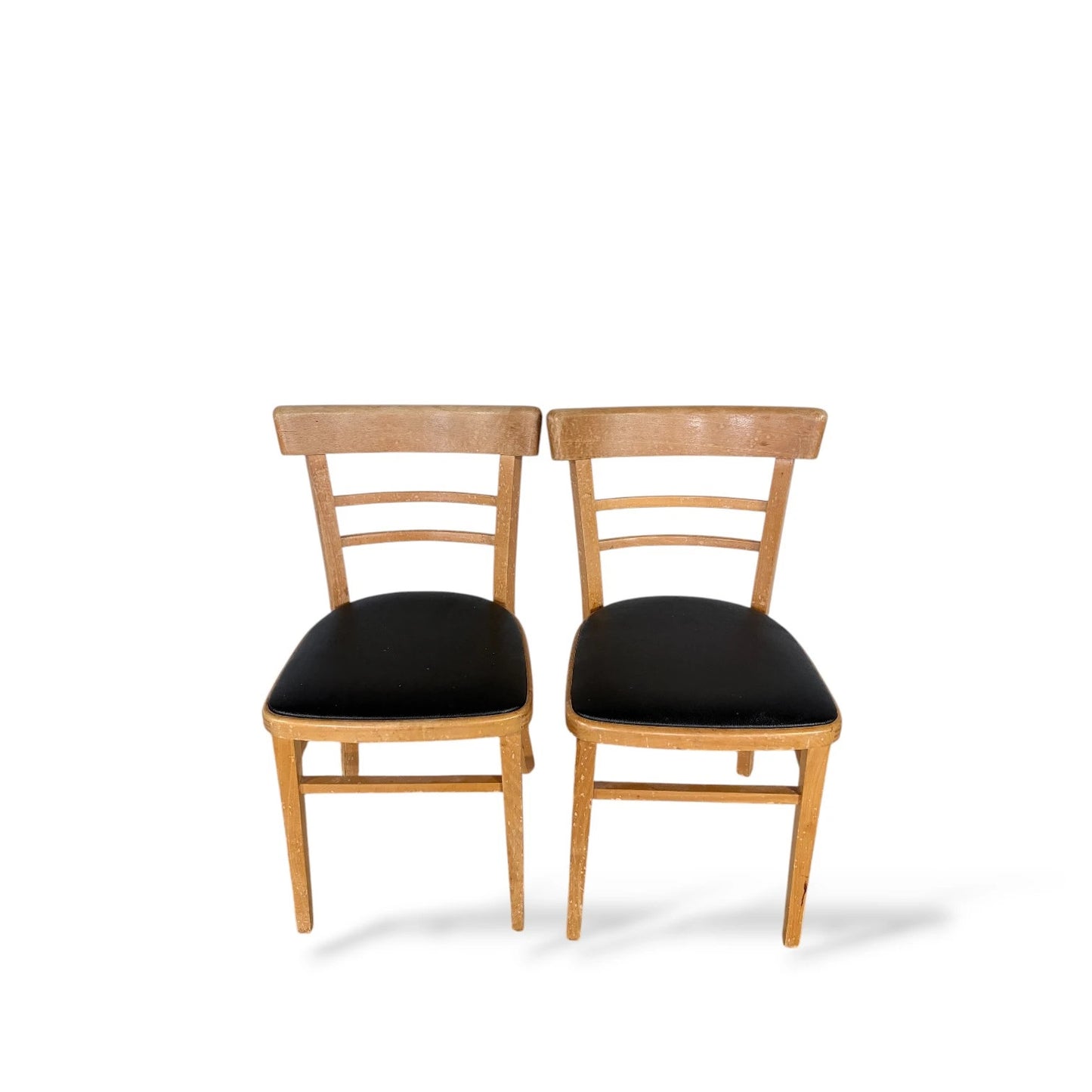 Pair of Vintage Beech Dining Chairs with Black Vinyl Seats – Mid-Century
