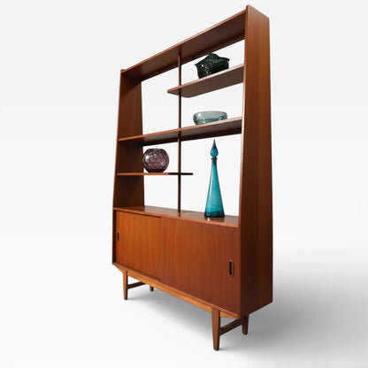 Mid Century Room Divider | Teak Shelving Unit with Sliding Door Cabinet