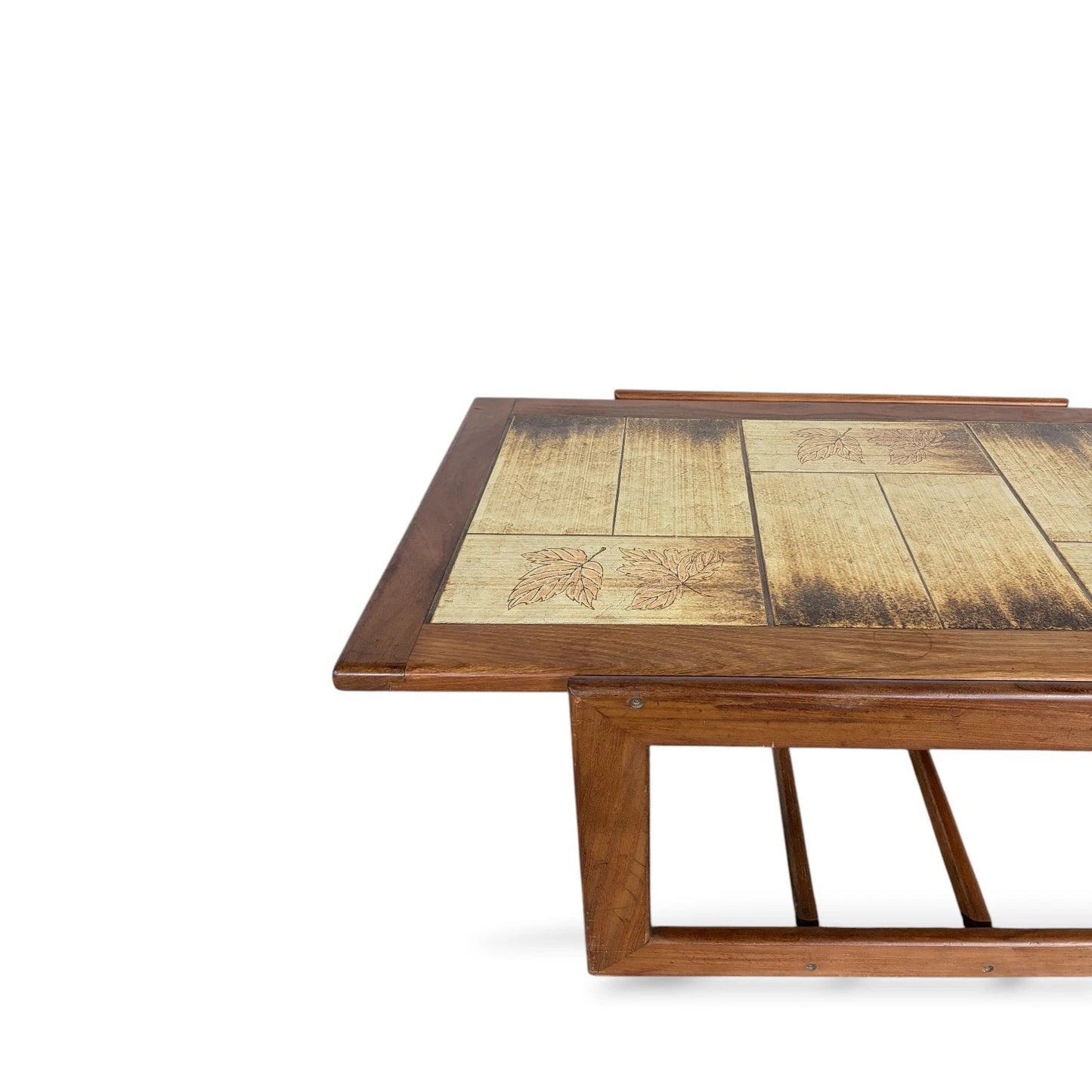 Mid-Century Teak & Tile Coffee Table – 1960s Sledge Base Design