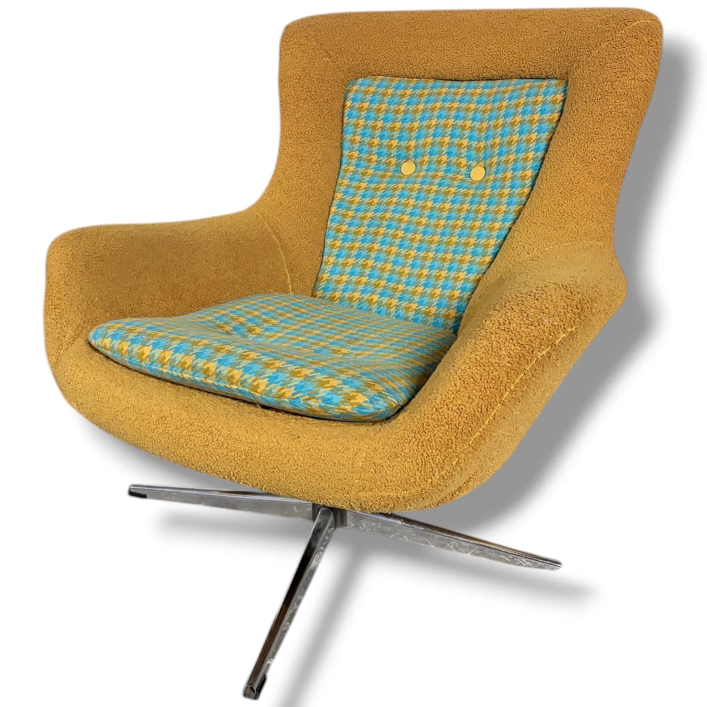 Mid-Century Swivel Chair - Mustard Fabric Lounge With Patterned Cushions & Chrome Base — view 4