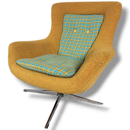 Mid-Century Swivel Chair - Mustard Fabric Lounge With Patterned Cushions & Chrome Base — view 4
