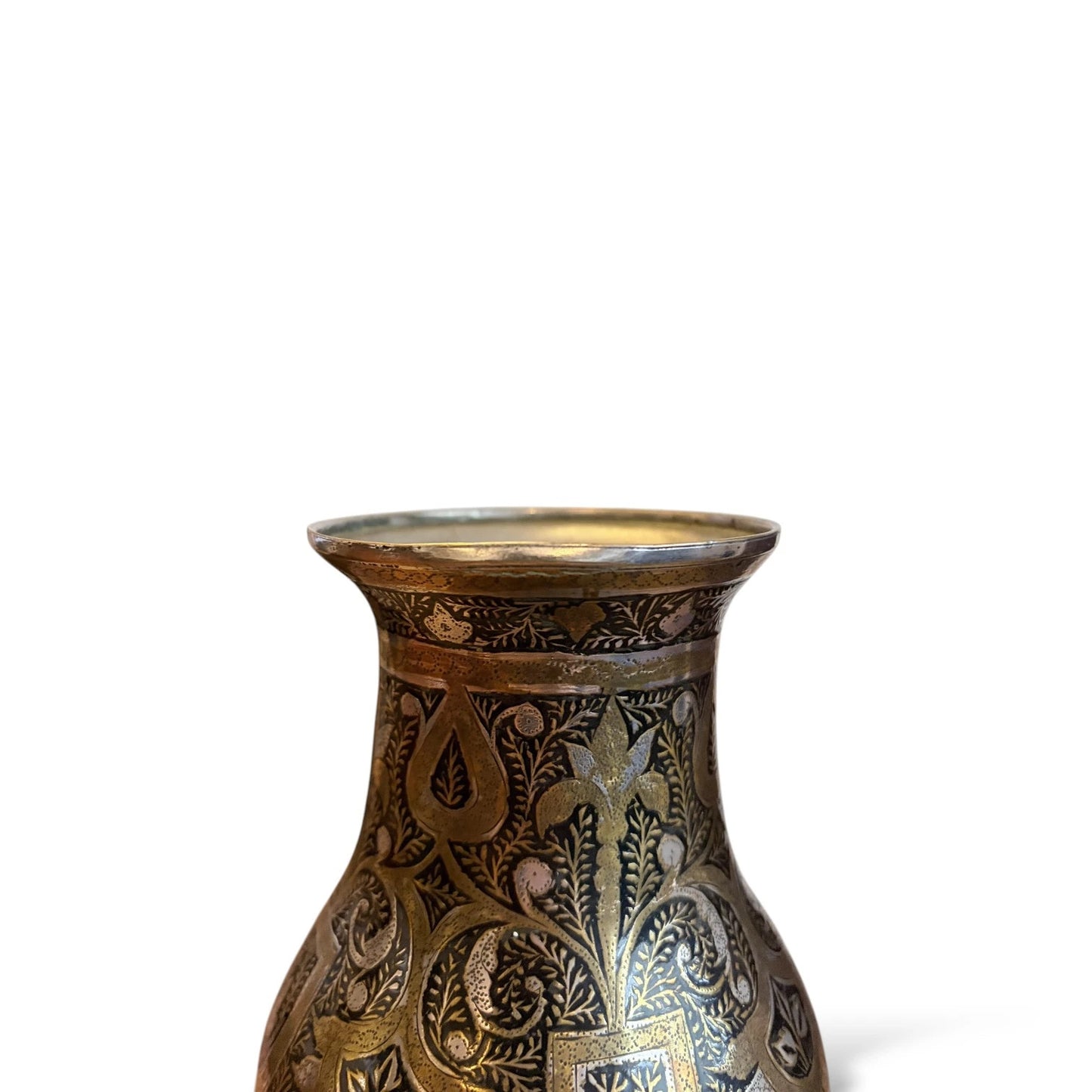 Vintage Brass and Silver Inlaid Vase – Hand-Etched Kashmiri Indian Bidri-Style Metalwork Vessel