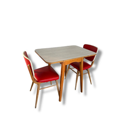 Mid Century Modern Taupe Formica Drop Leaf Table & Red Vinyl Chairs Dining Set
