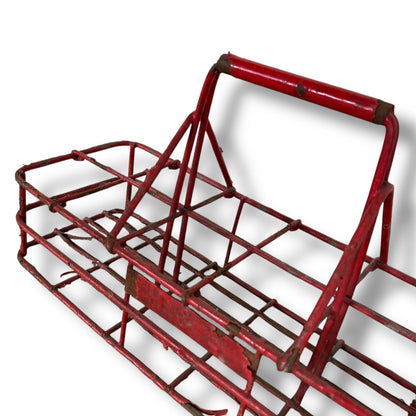 Vintage French Red Metal Milk Bottle Rack – Industrial Farmhouse Bottle Carrier