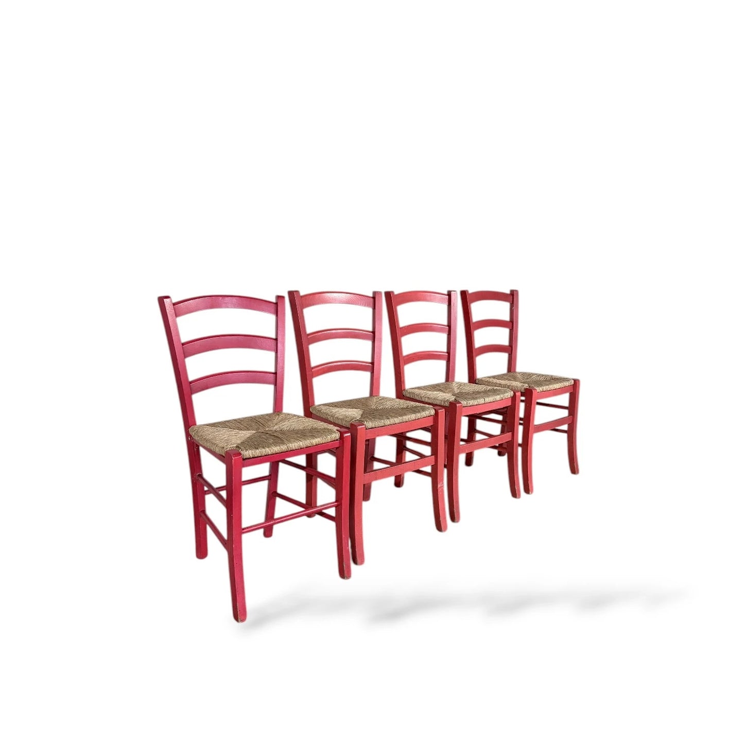 Set of Four Italian Red Oak Ladderback Chairs with Rush Seats