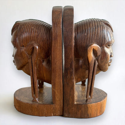 Mid Century Carved Wood African Bookends