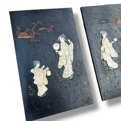 Vintage 1930s Chinese Mother of Pearl Inlay Panels | Antique Hand-Carved Wood Wall Art