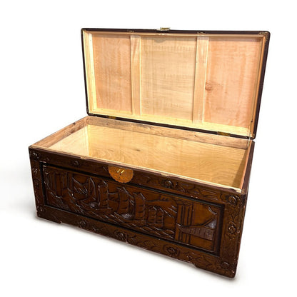 Mid Century Modern Chinese Camphor Wood Carved Storage Treasure Chest