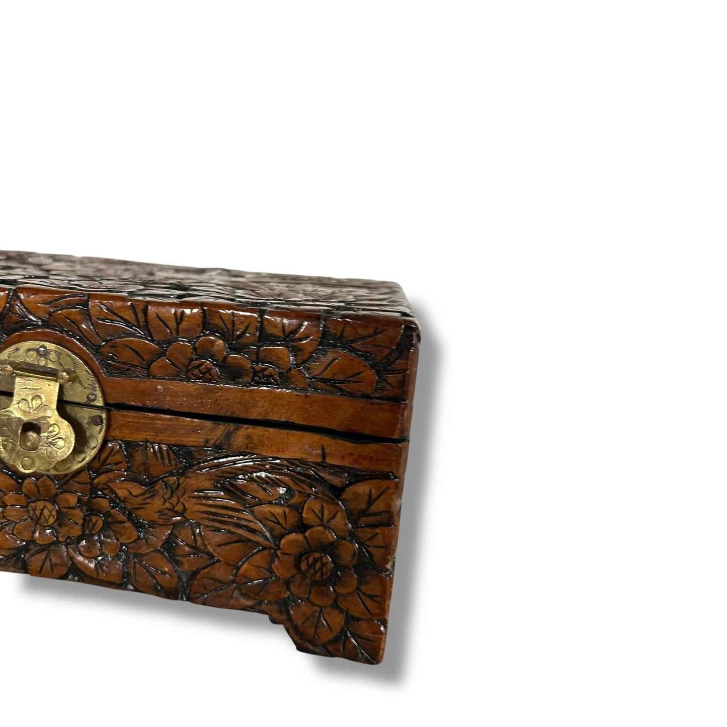 Vintage Hand-Carved Wooden Jewelry Box with Brass Clasp