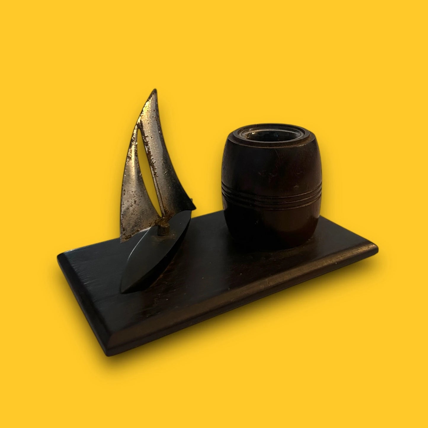 Vintage 1960s Metal Boat Desk Ink Well