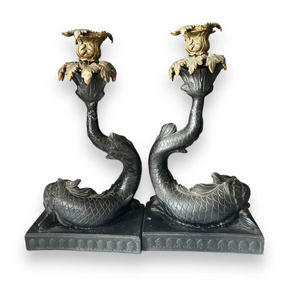 Vintage Pair of Black Basalt Wedgwood Dolphin Candlesticks
