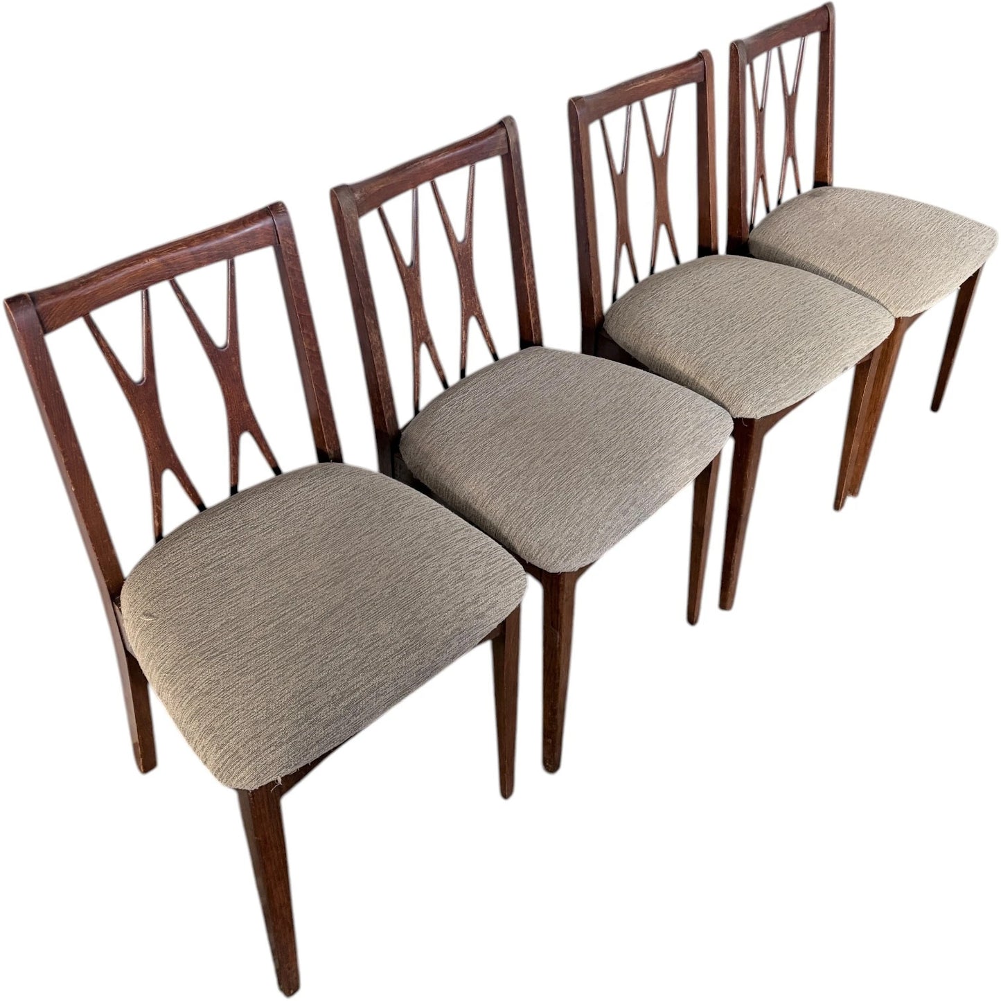 Mid Century Dining Chairs | Four Teak Vintage Wooden Seats With Cross Splat Backrest