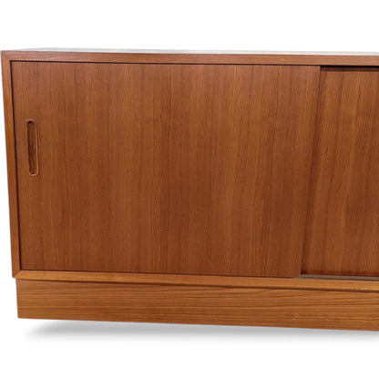 Danish Teak Sideboard – Mid Century Low Cabinet with Sliding Door Storage
