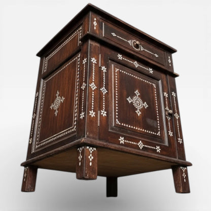 Syrian Mahogany Bedside Cabinet – Handcrafted 19th Century Furniture with Mother of Pearl Inlay