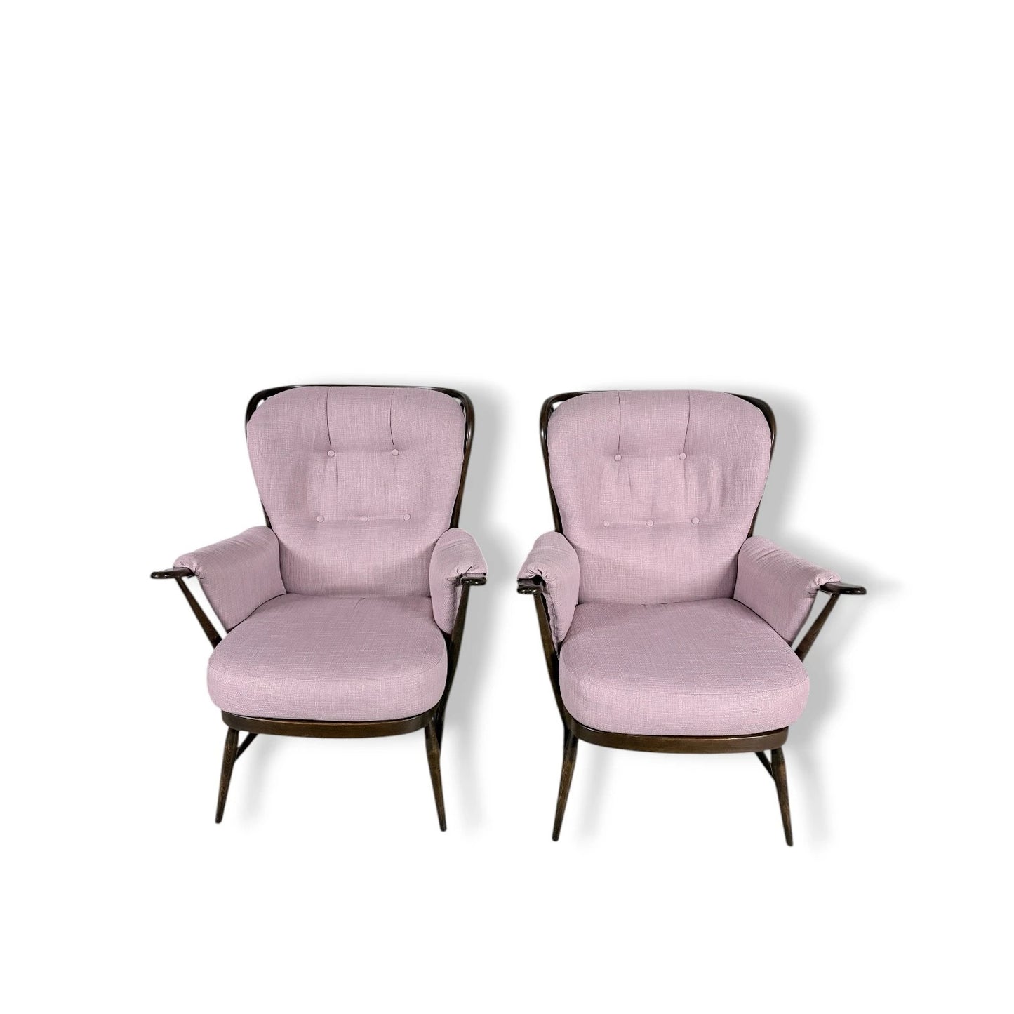 Ercol Everest Armchairs – Mid-Century Dark Beech Chairs with Dusty Pink Upholstery — view 4