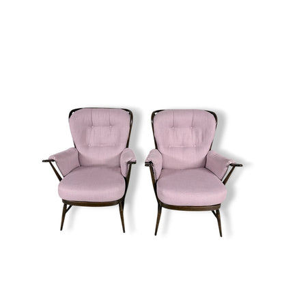 Ercol Everest Armchairs – Mid-Century Dark Beech Chairs with Dusty Pink Upholstery — view 4