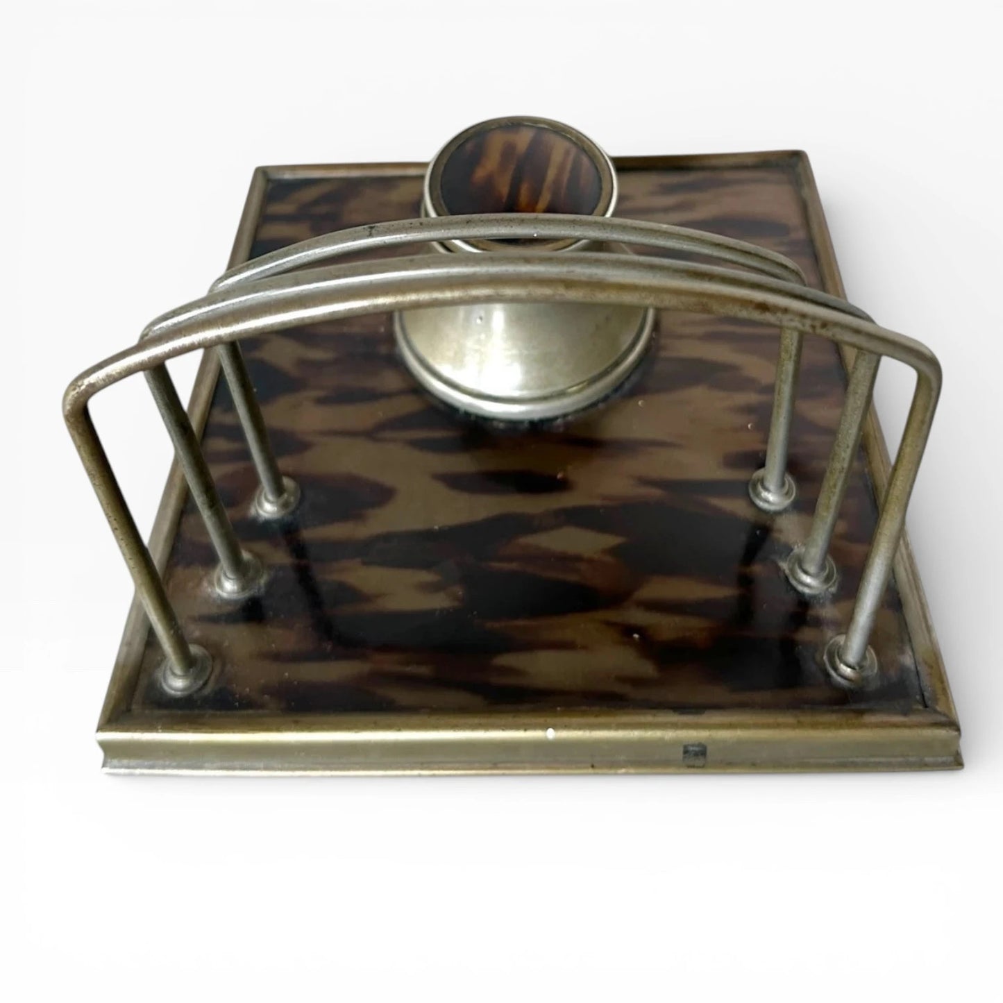 Tortoiseshell Ink Well | 19th Century Antique Desk Organiser with Aged Metal Detailing