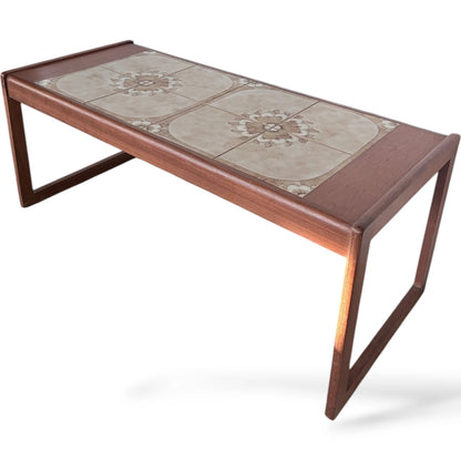 Mid-Century Coffee Table - Tile Top Table with Floral Ceramic Inset & Wooden Frame