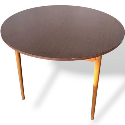Vintage Round Dining Table With Hidden Extension Leaf | Mid Century Formica Top
