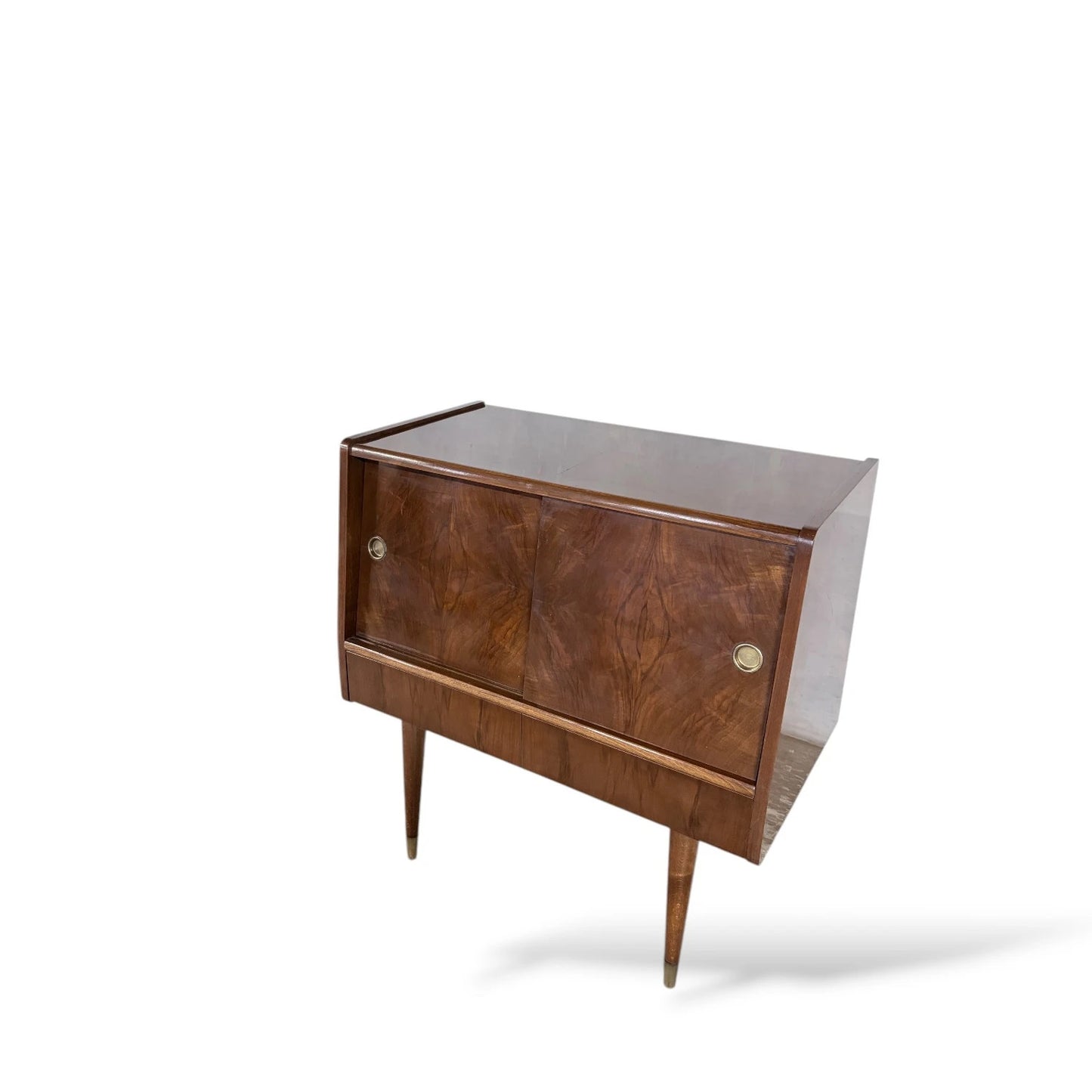 Mid-Century Walnut Record Cabinet with Sliding Doors & Drawers