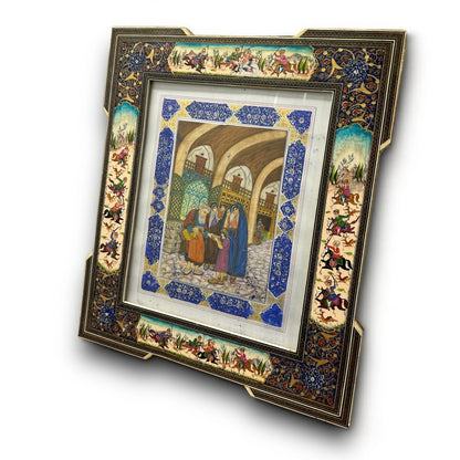 Vintage 1950s Persian Khatam Mosaic Watercolour Painting