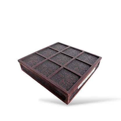 Carved Wood & Tile Noughts and Crosses Game – Vintage Tic Tac Toe Set