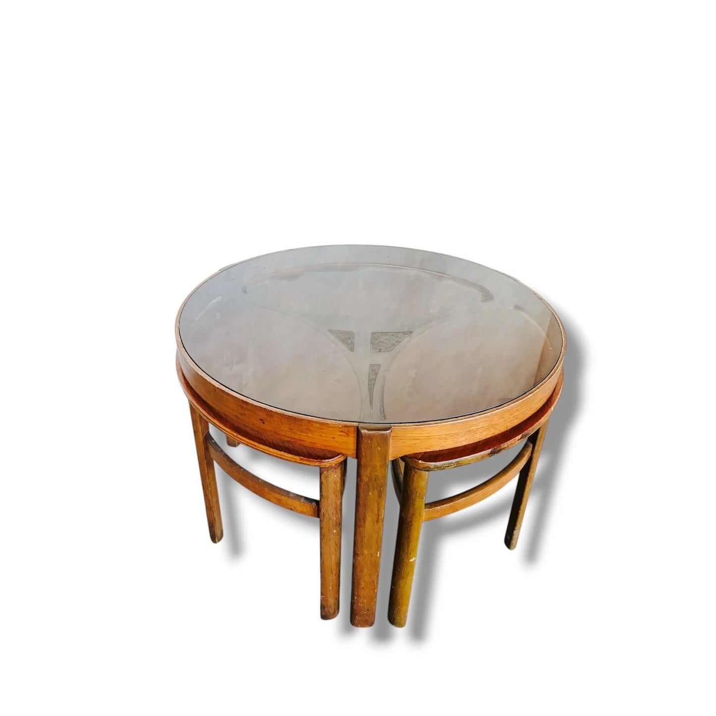 Nathan “Trinity” Nest of Tables – Mid-Century Teak with Smoked Glass Top