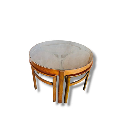 Nathan “Trinity” Nest of Tables – Mid-Century Teak with Smoked Glass Top