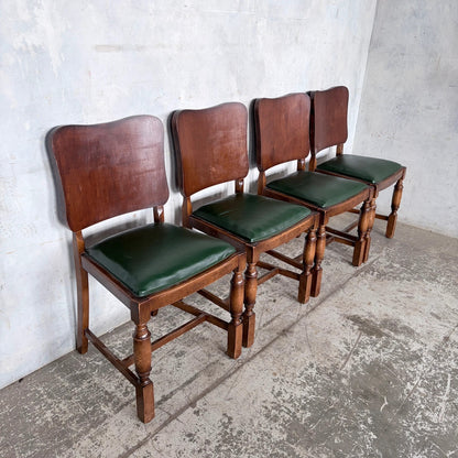 Arts & Crafts Art Deco Oak Dining Chairs – Set of Four with Green Vinyl Seats