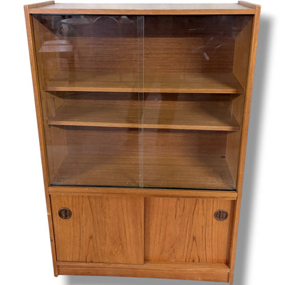 Danish Sliding Glass Bookcase | Mid Century Teak Veneer Cabinet With Adjustable Shelving — view 4