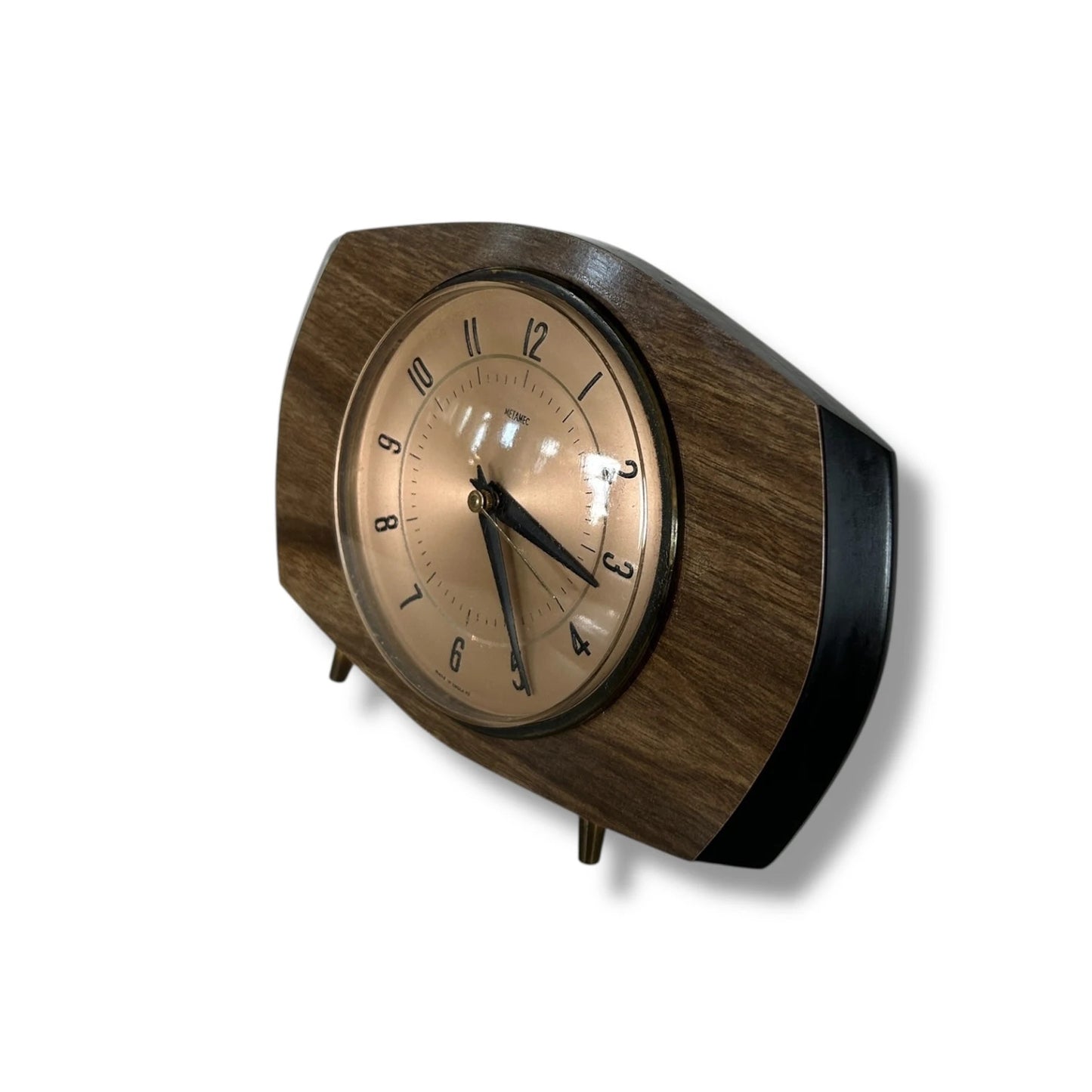 Vintage Metamec Mantel Clock – Mid Century Modern Teak & Brass Atomic