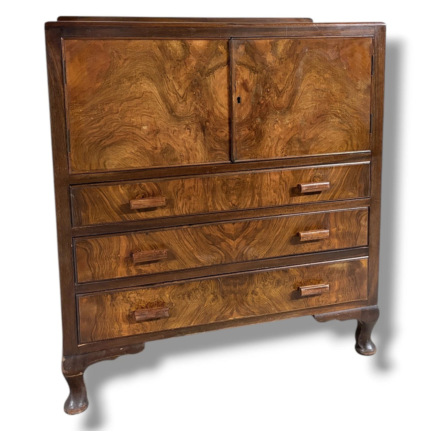 Walnut Burr Cabinet - Vintage Storage Cabinet With Solid Wood Handles & Curved Pad Feet — view 4