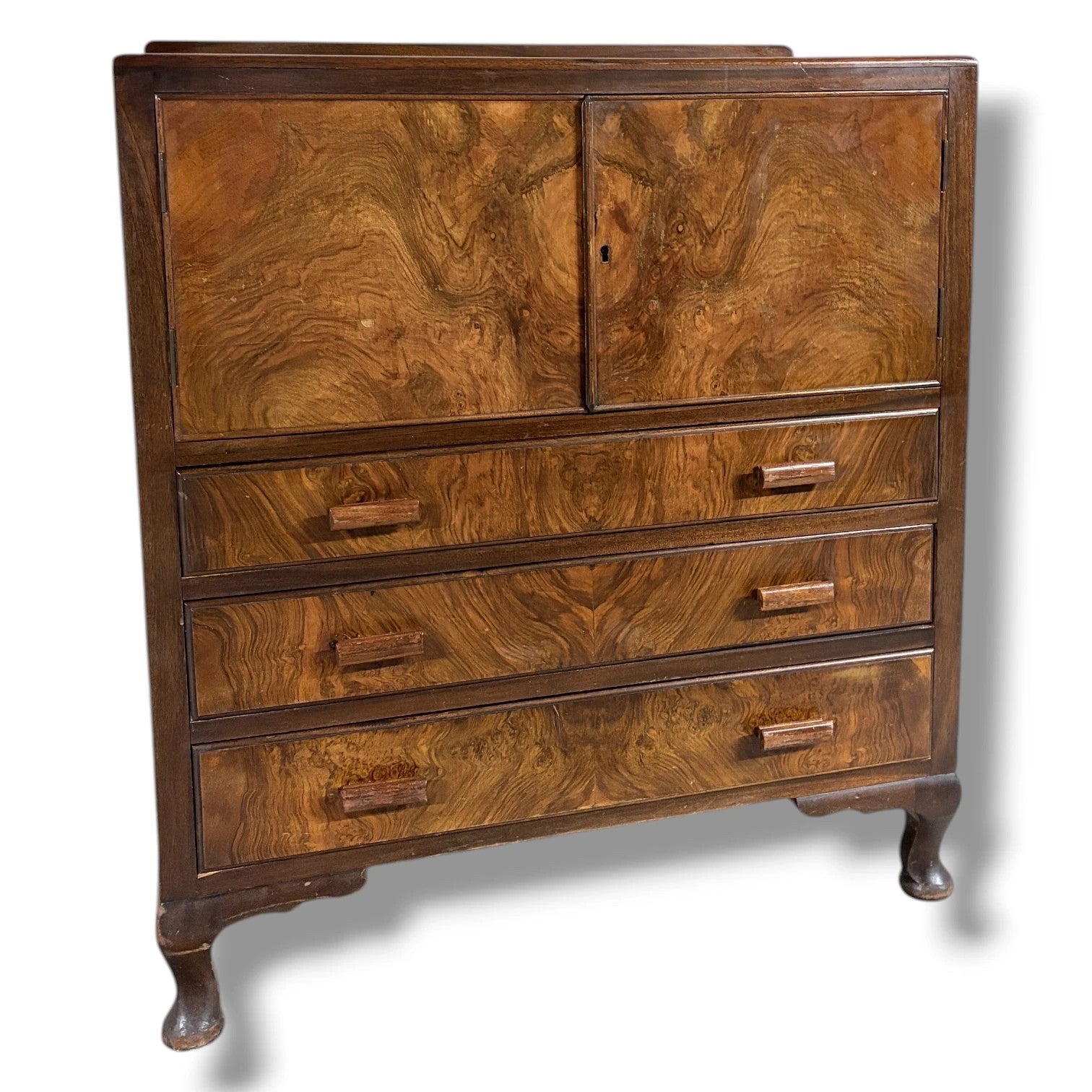 Walnut Burr Cabinet - Vintage Storage Cabinet With Solid Wood Handles & Curved Pad Feet — view 4