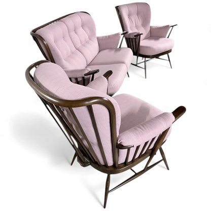 Ercol Everest Suite – Mid Century Living Room Set | Dusty Pink Sofa & Solid Beech Armchairs