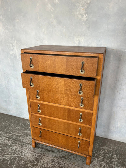 Mid Century Modern Oak Wood Tallboy Chest of Drawers