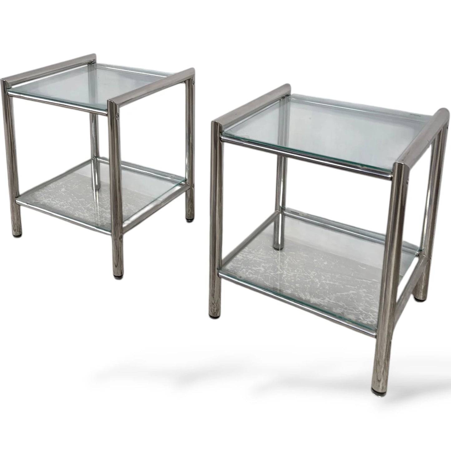 Chrome Glass Bedside Tables – Mid Century Modern Square Two Tier Nightstands