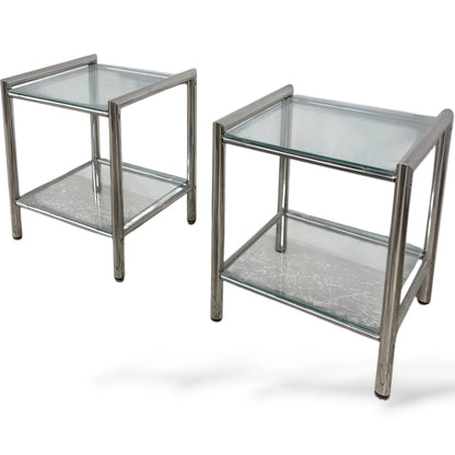 Chrome Glass Bedside Tables – Mid Century Modern Square Two Tier Nightstands